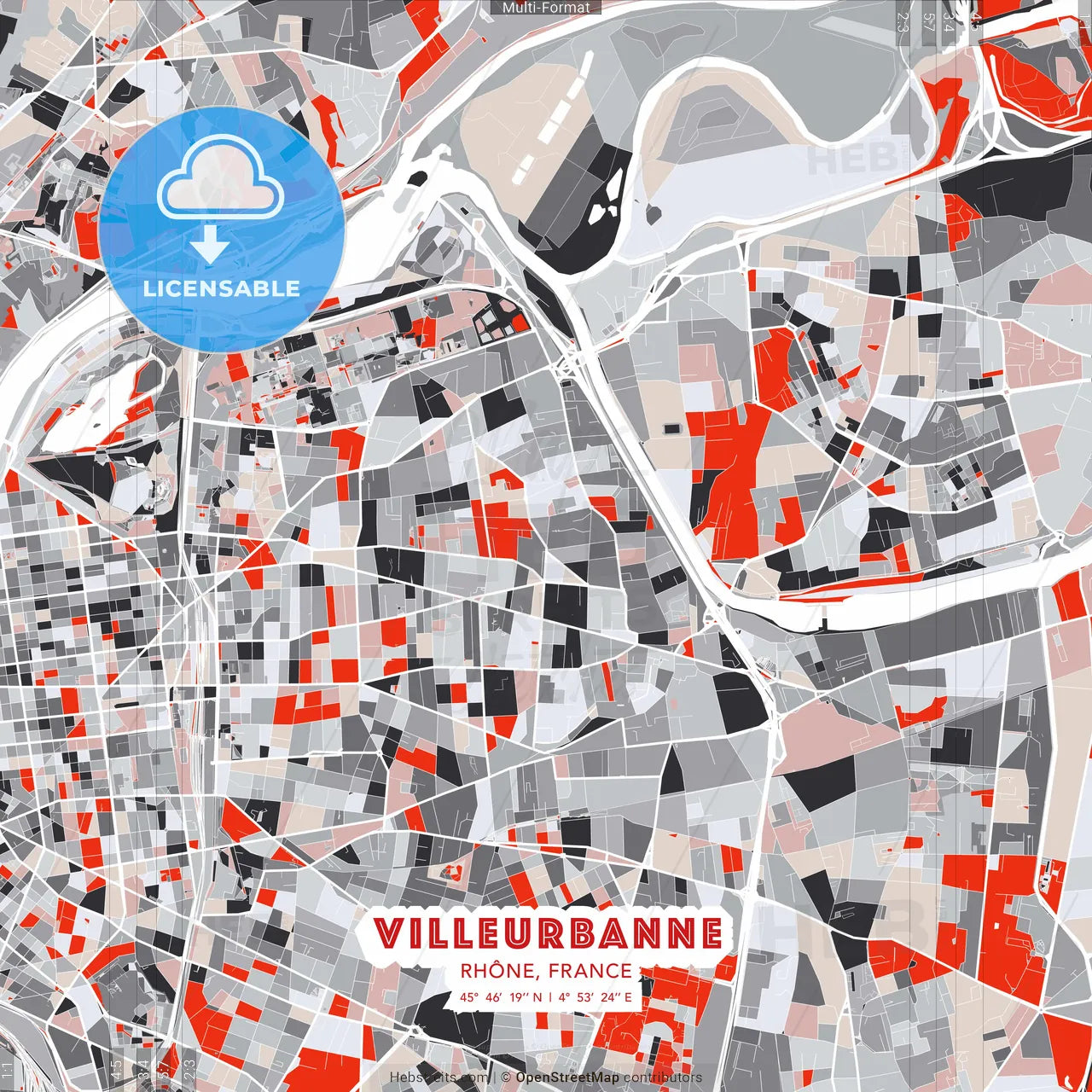 Villeurbanne, Rhône, France - modern street map poster template with gray and red tones