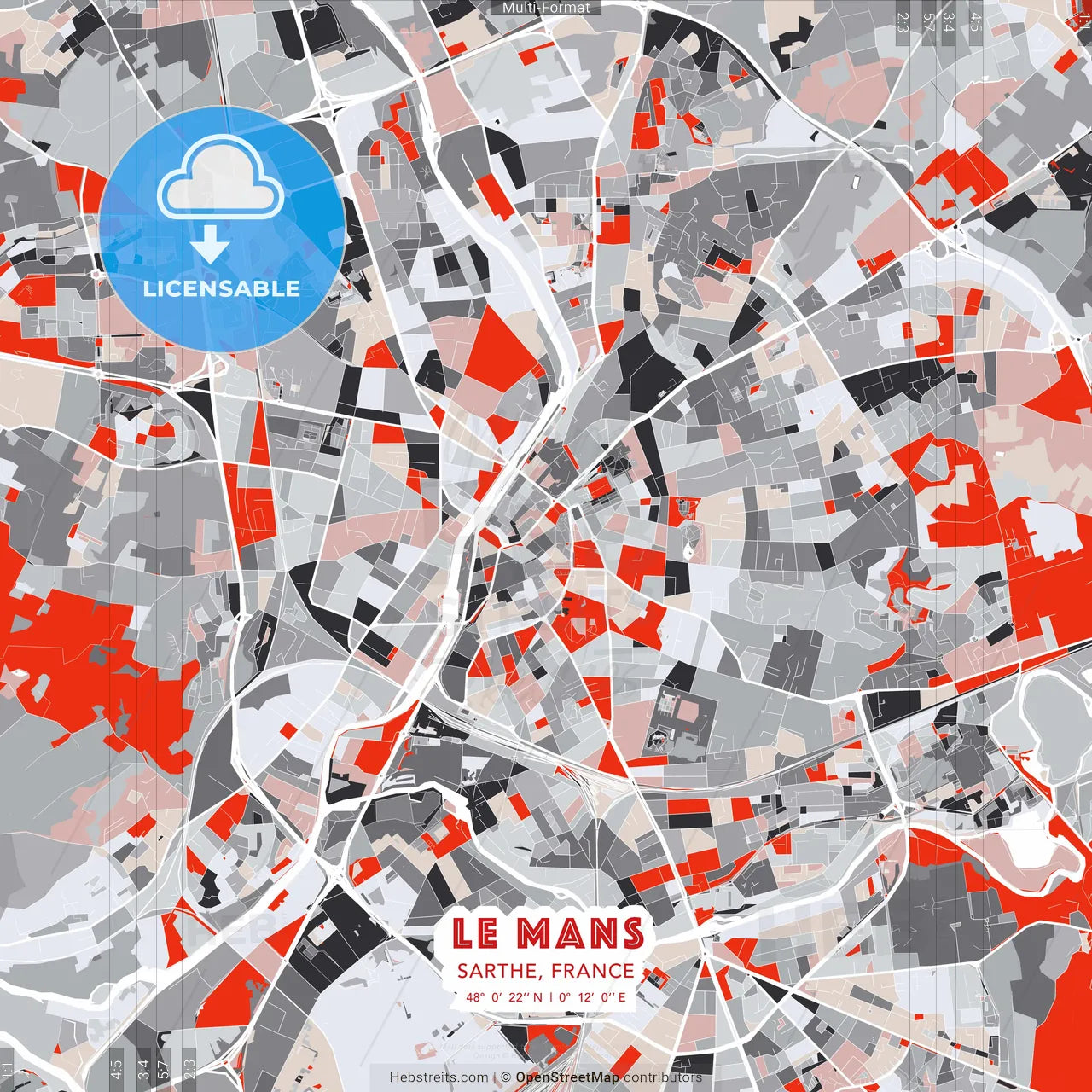 Le Mans, Sarthe, France - modern street map poster template with gray and red tones