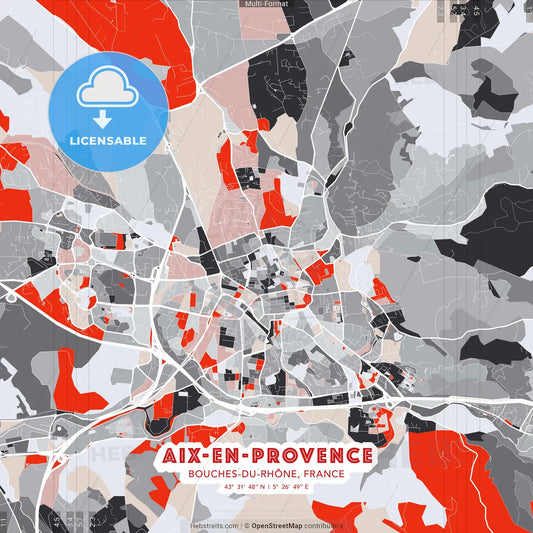 Aix-en-Provence, Bouches-du-Rhône, France - modern street map poster template with gray and red tones