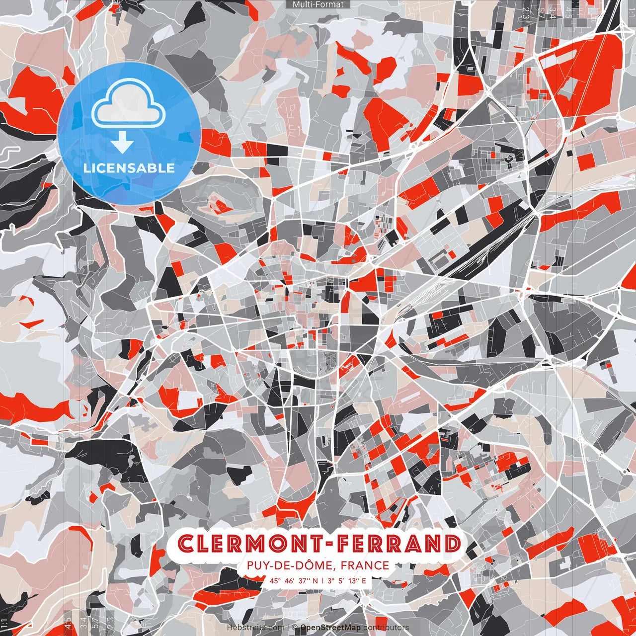 Clermont-Ferrand, Puy-de-Dôme, France - modern street map poster template with gray and red tones