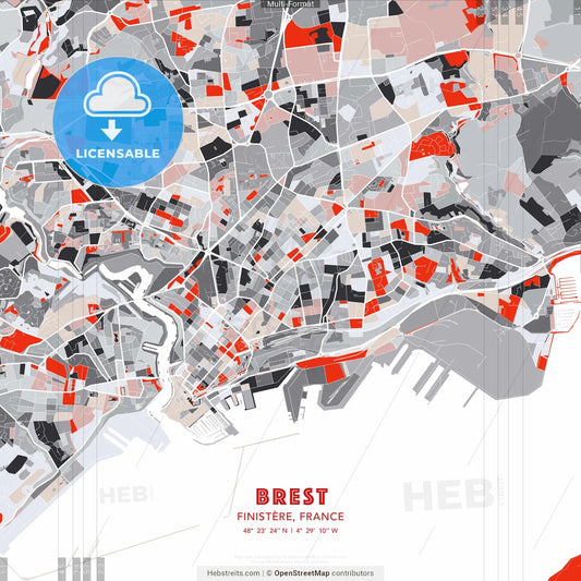 Brest, Finistère, France - modern street map poster template with gray and red tones