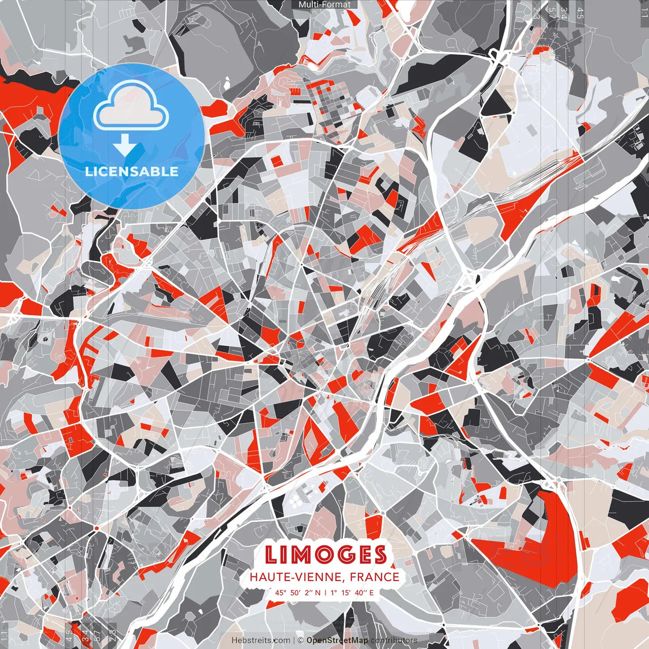 Limoges, Haute-Vienne, France - modern street map poster template with gray and red tones