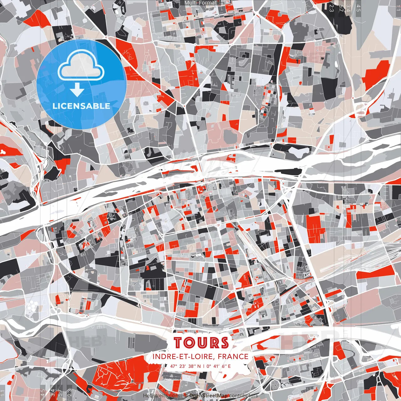 Tours, Indre-et-Loire, France - modern street map poster template with gray and red tones
