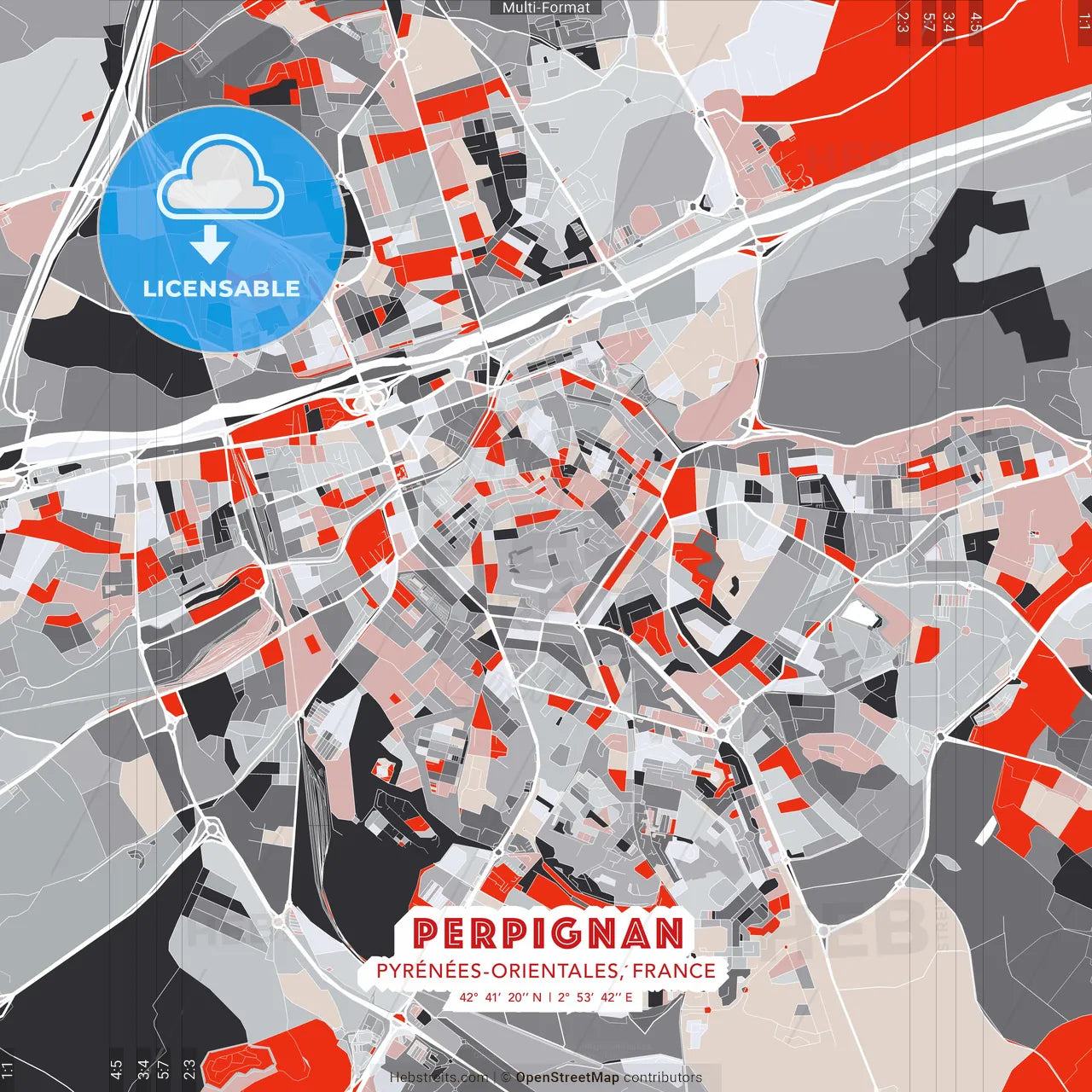 Perpignan, Pyrénées-Orientales, France - modern street map poster template with gray and red tones