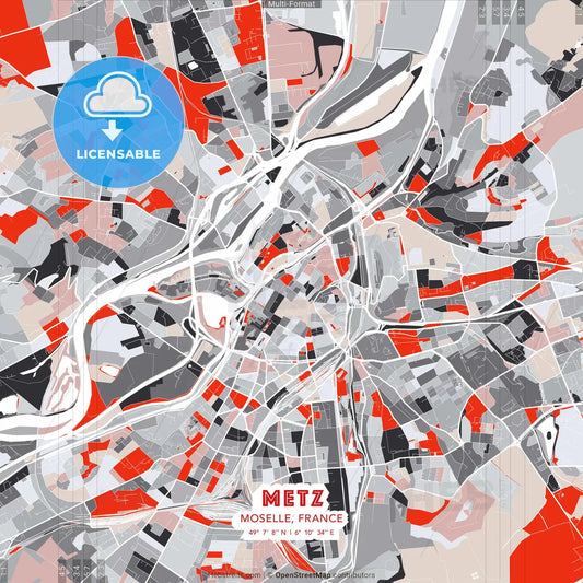 Metz, Moselle, France - modern street map poster template with gray and red tones