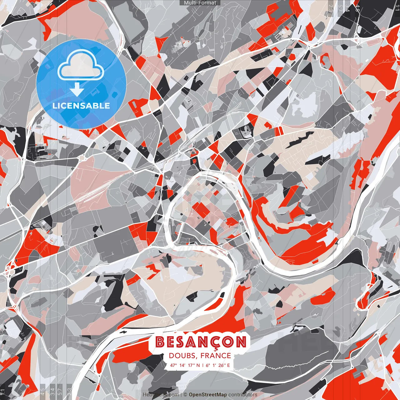 Besançon, Doubs, France - modern street map poster template with gray and red tones