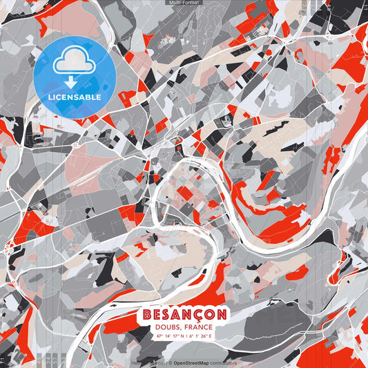 Besançon, Doubs, France - modern street map poster template with gray and red tones