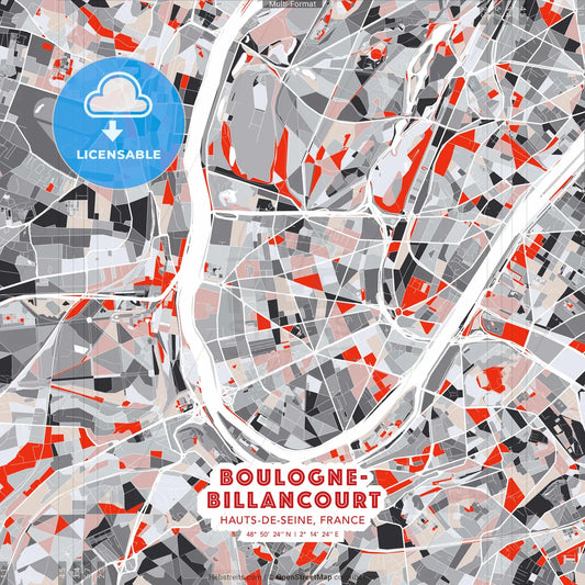 Boulogne-Billancourt, Hauts-de-Seine, France - modern street map poster template with gray and red tones