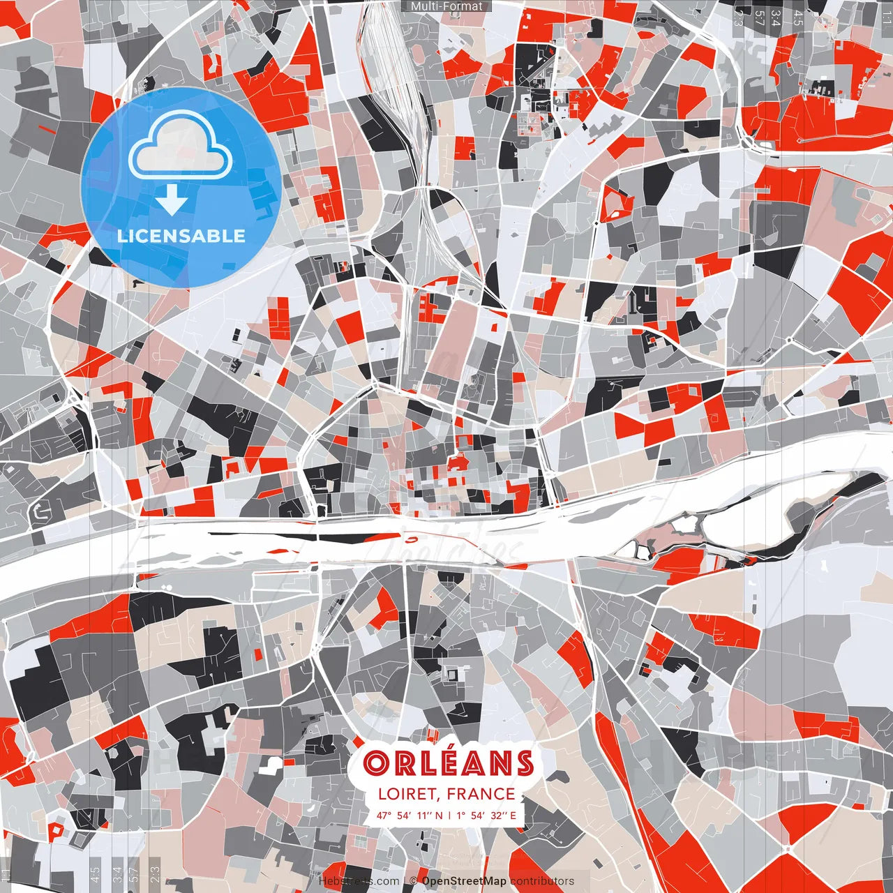 Orléans, Loiret, France - modern street map poster template with gray and red tones
