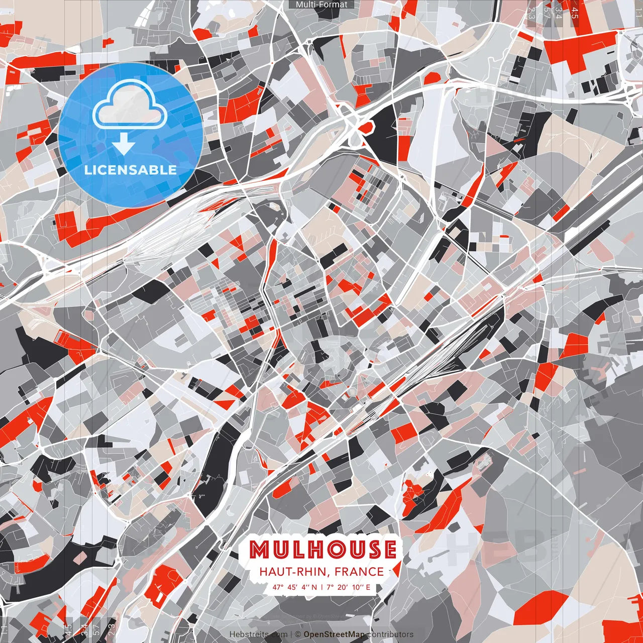 Mulhouse, Haut-Rhin, France - modern street map poster template with gray and red tones
