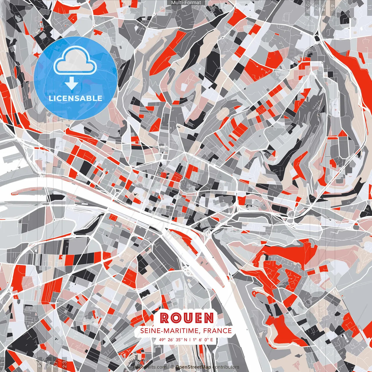 Rouen, Seine-Maritime, France - modern street map poster template with gray and red tones