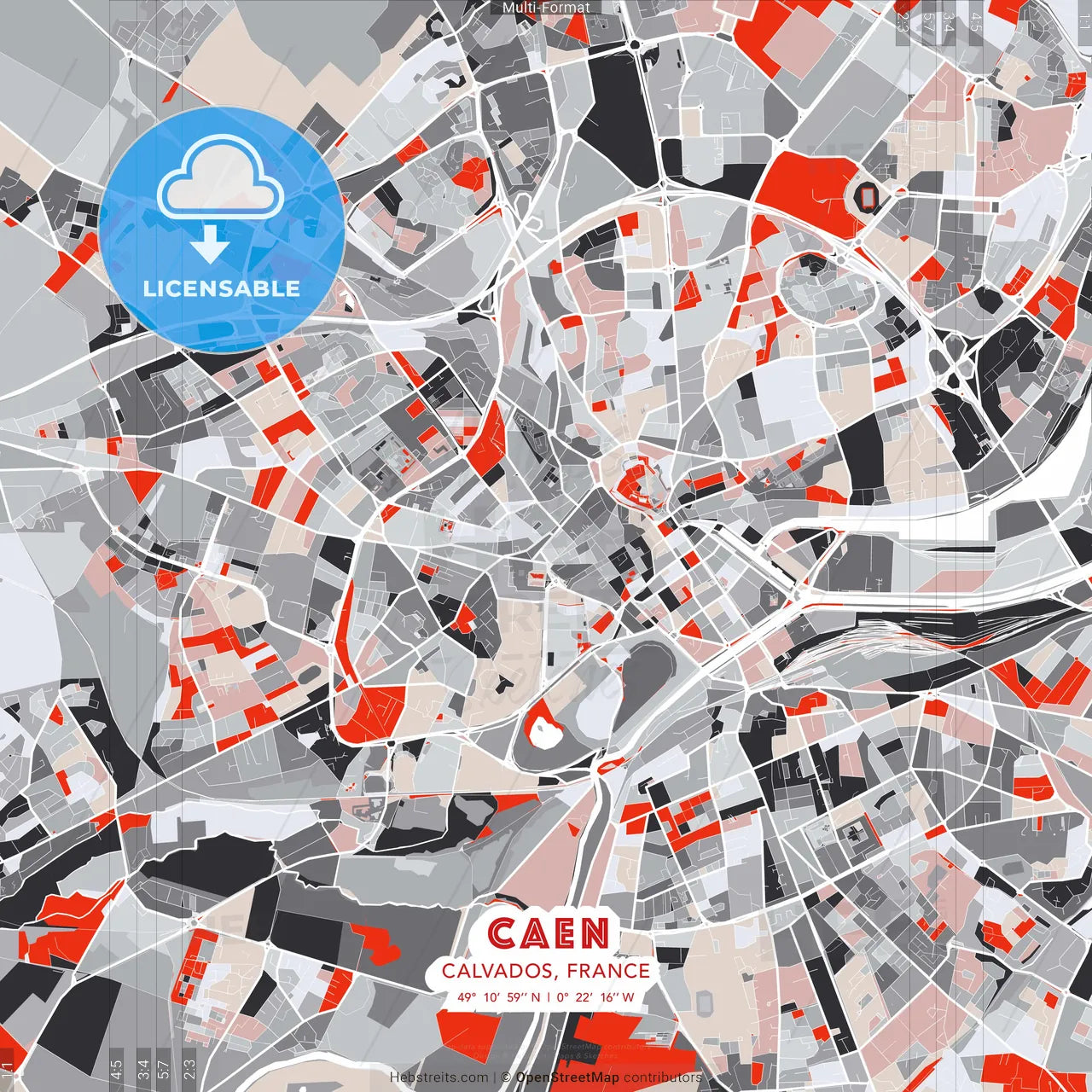 Caen, Calvados, France - modern street map poster template with gray and red tones
