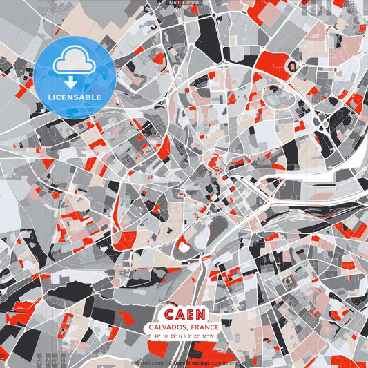 Caen, Calvados, France - modern street map poster template with gray and red tones