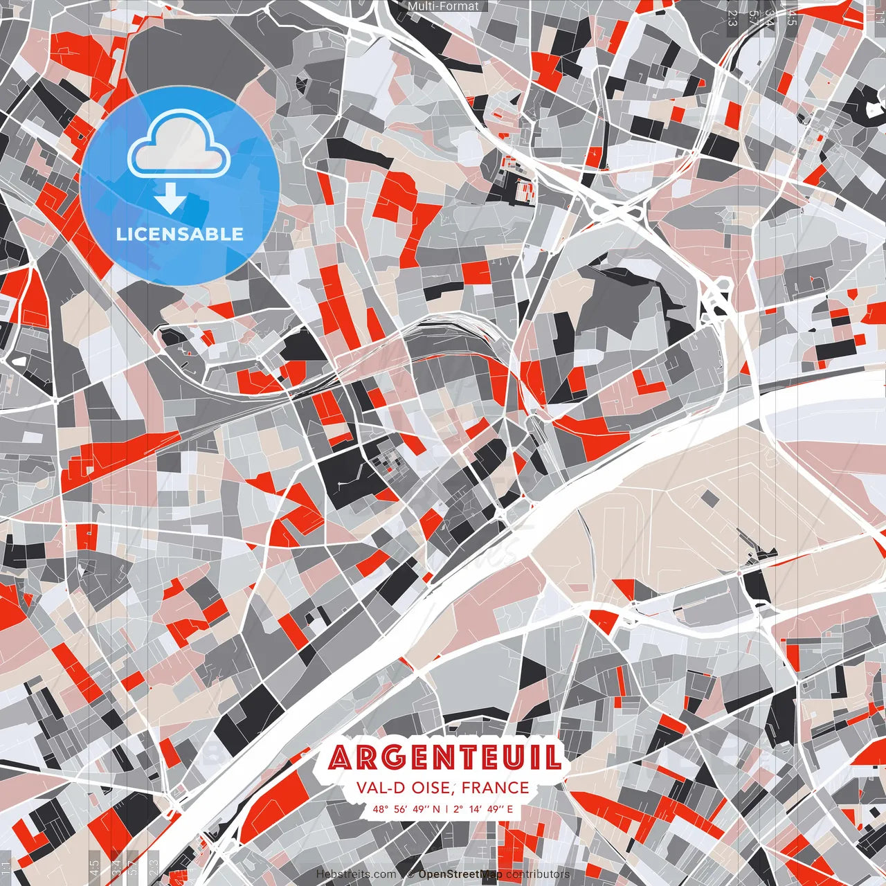 Argenteuil, Val-d Oise, France - modern street map poster template with gray and red tones