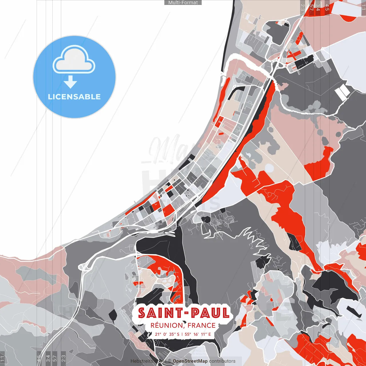 Saint-Paul, Réunion, France - modern street map poster template with gray and red tones