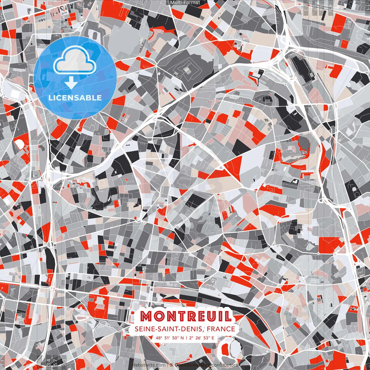 Montreuil, Seine-Saint-Denis, France - modern street map poster template with gray and red tones