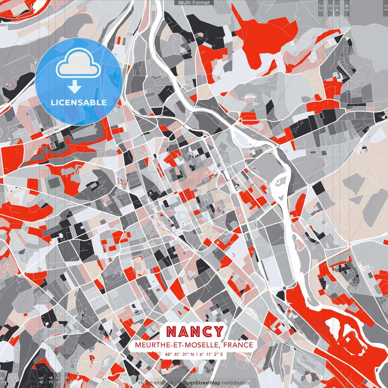 Nancy, Meurthe-et-Moselle, France - modern street map poster template with gray and red tones