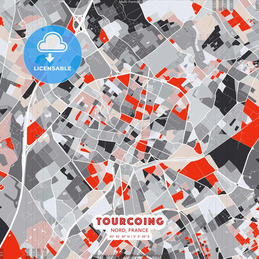 Tourcoing, Nord, France - modern street map poster template with gray and red tones