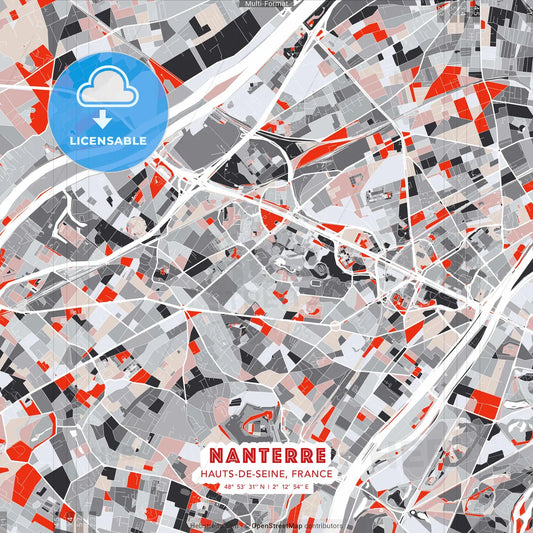 Nanterre, Hauts-de-Seine, France - modern street map poster template with gray and red tones