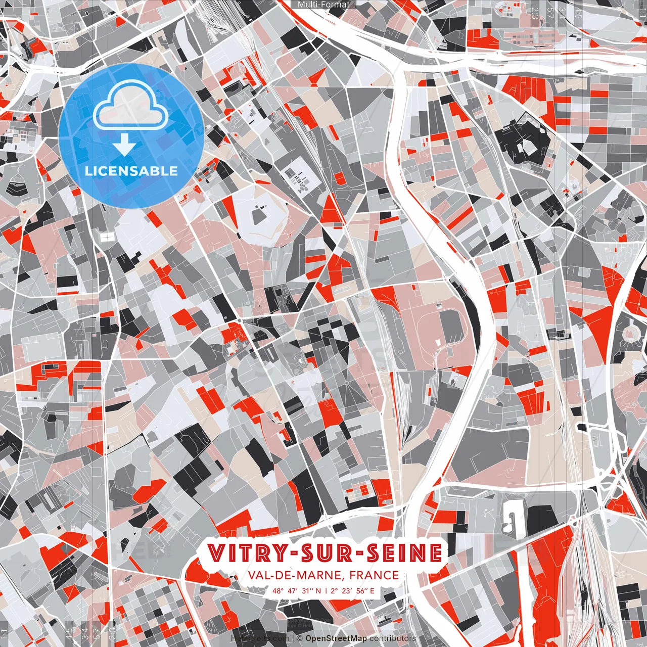 Vitry-sur-Seine, Val-de-Marne, France - modern street map poster template with gray and red tones