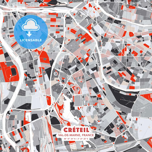 Créteil, Val-de-Marne, France - modern street map poster template with gray and red tones