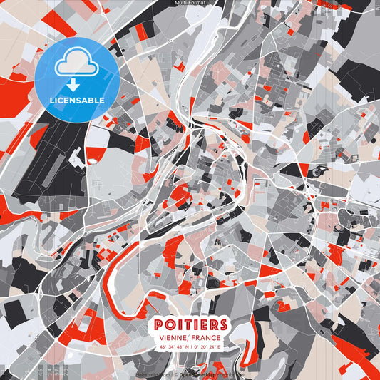 Poitiers, Vienne, France - modern street map poster template with gray and red tones