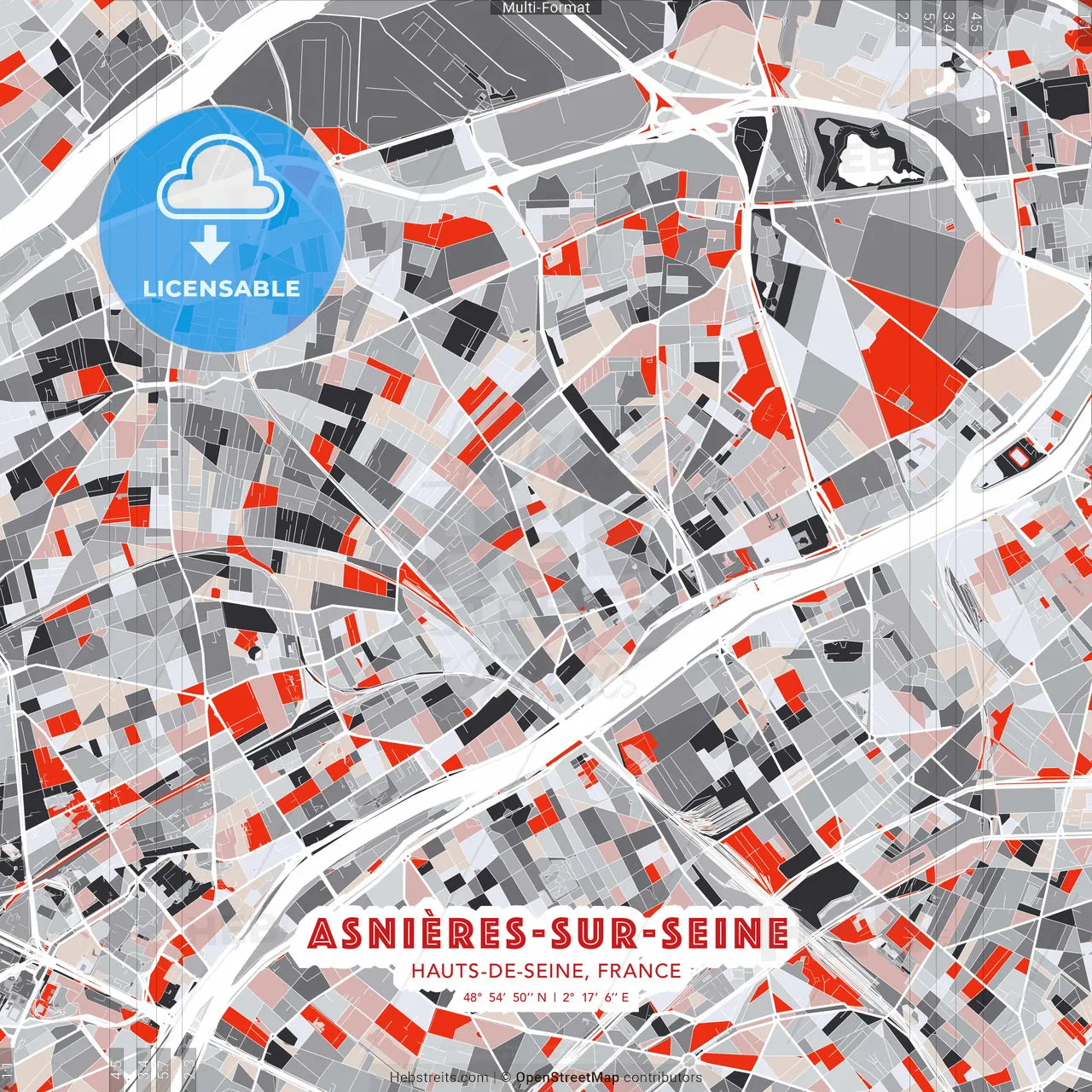 Asnières-sur-Seine, Hauts-de-Seine, France - modern street map poster template with gray and red tones