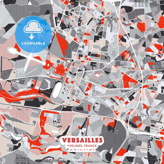 Versailles, Yvelines, France - modern street map poster template with gray and red tones