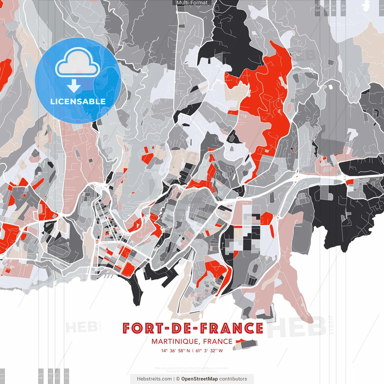 Fort-de-France, Martinique, France - modern street map poster template with gray and red tones