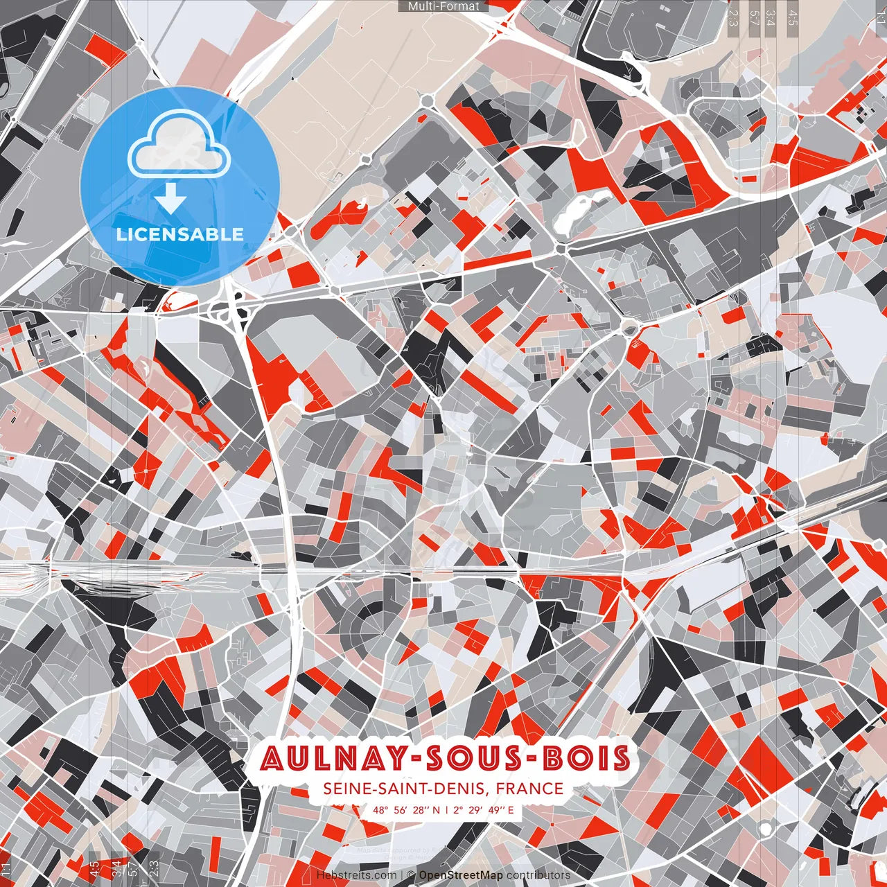 Aulnay-sous-Bois, Seine-Saint-Denis, France - modern street map poster template with gray and red tones