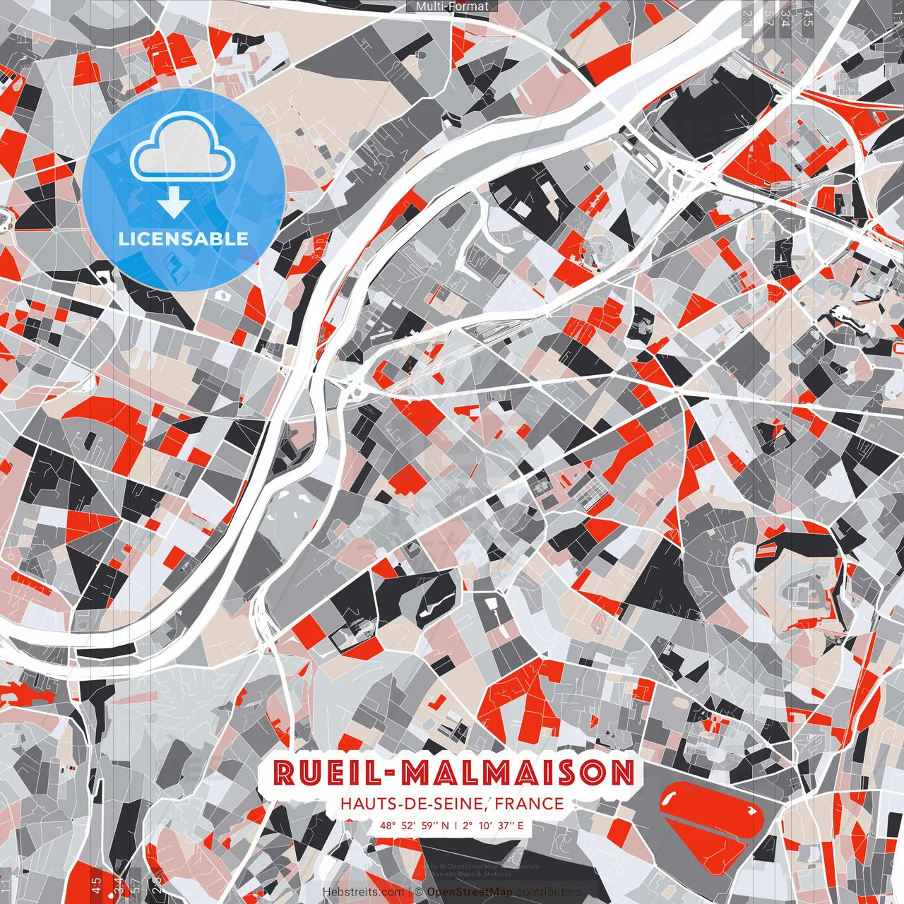 Rueil-Malmaison, Hauts-de-Seine, France - modern street map poster template with gray and red tones