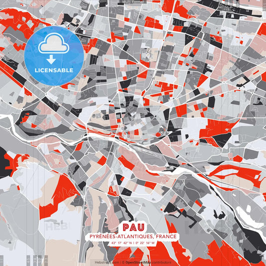 Pau, Pyrénées-Atlantiques, France - modern street map poster template with gray and red tones