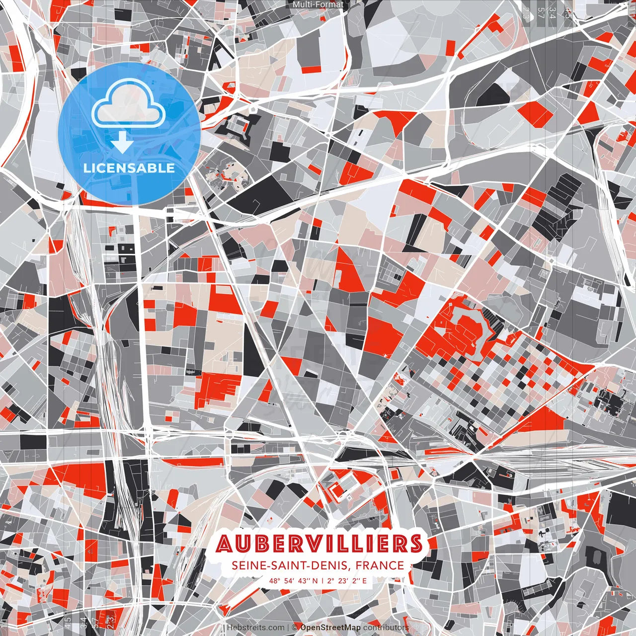 Aubervilliers, Seine-Saint-Denis, France - modern street map poster template with gray and red tones