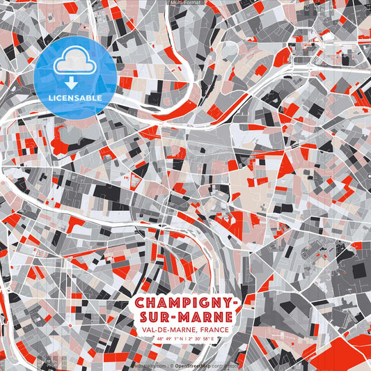 Champigny-sur-Marne, Val-de-Marne, France - modern street map poster template with gray and red tones