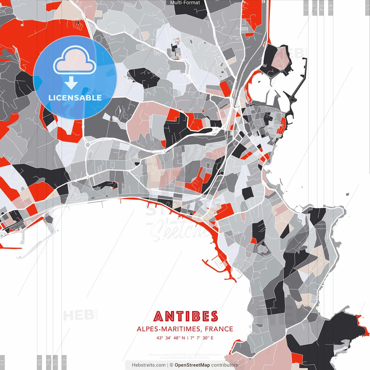 Antibes, Alpes-Maritimes, France - modern street map poster template with gray and red tones