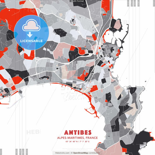 Antibes, Alpes-Maritimes, France - modern street map poster template with gray and red tones