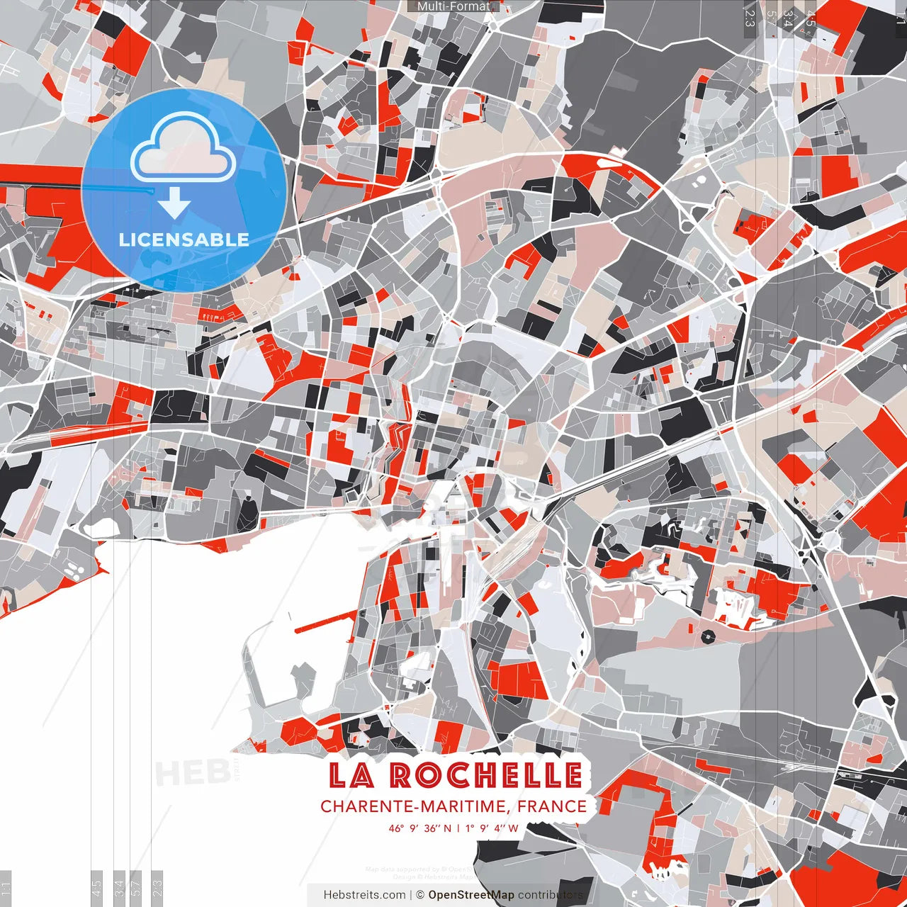 La Rochelle, Charente-Maritime, France - modern street map poster template with gray and red tones