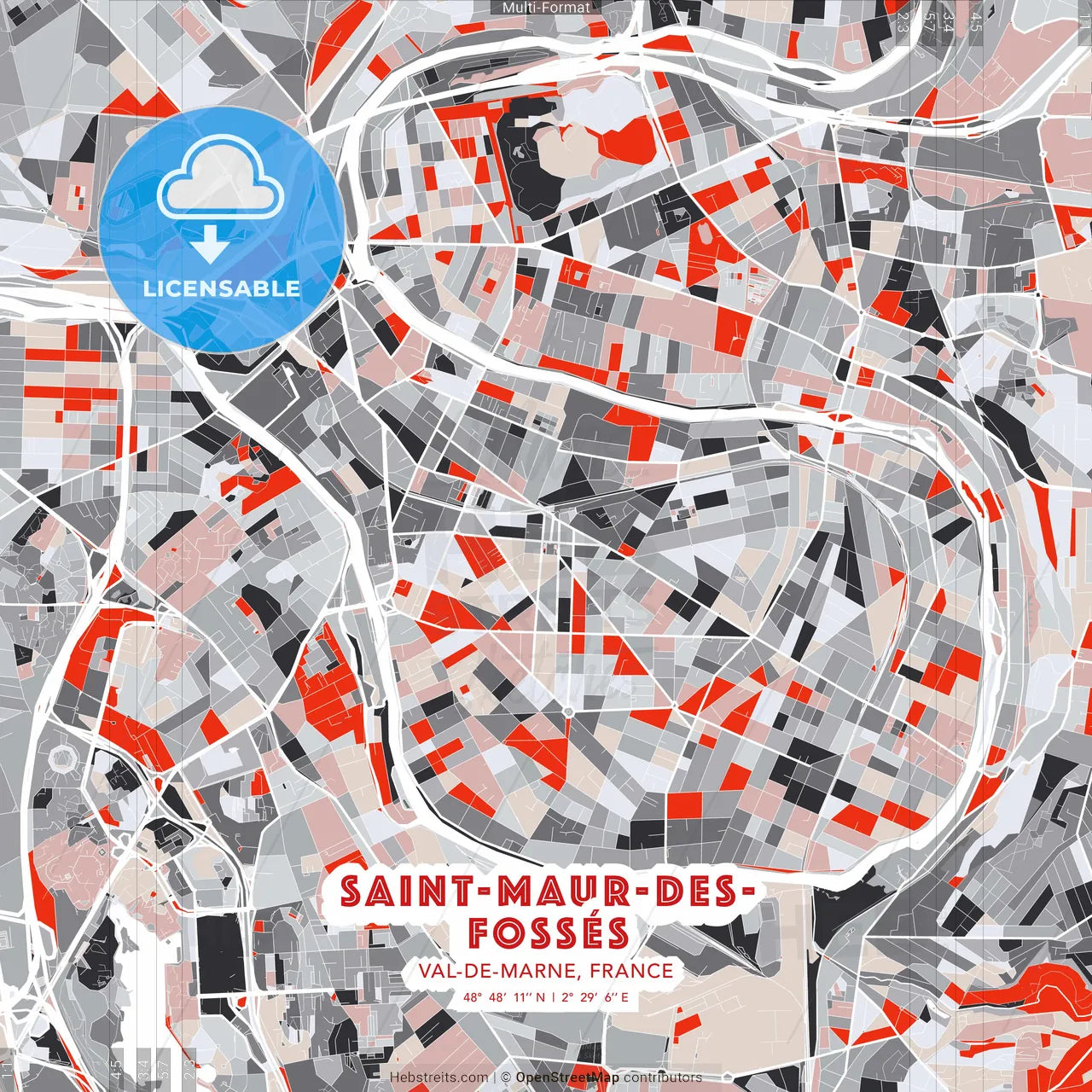 Saint-Maur-des-Fossés, Val-de-Marne, France - modern street map poster template with gray and red tones