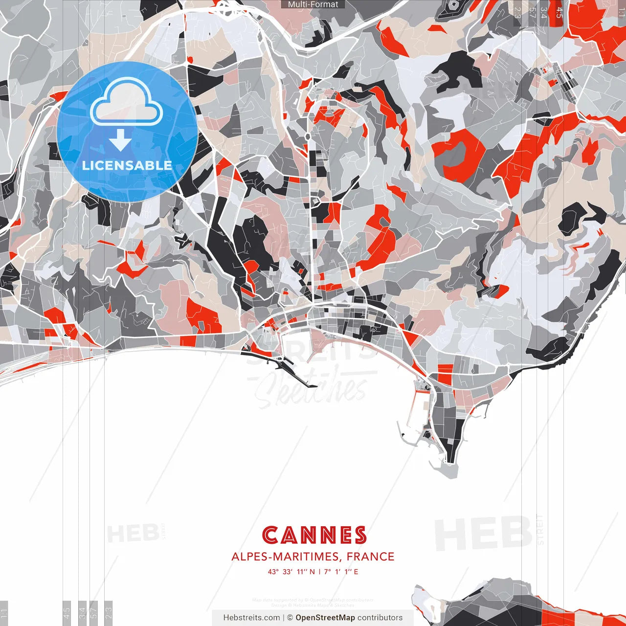 Cannes, Alpes-Maritimes, France - modern street map poster template with gray and red tones