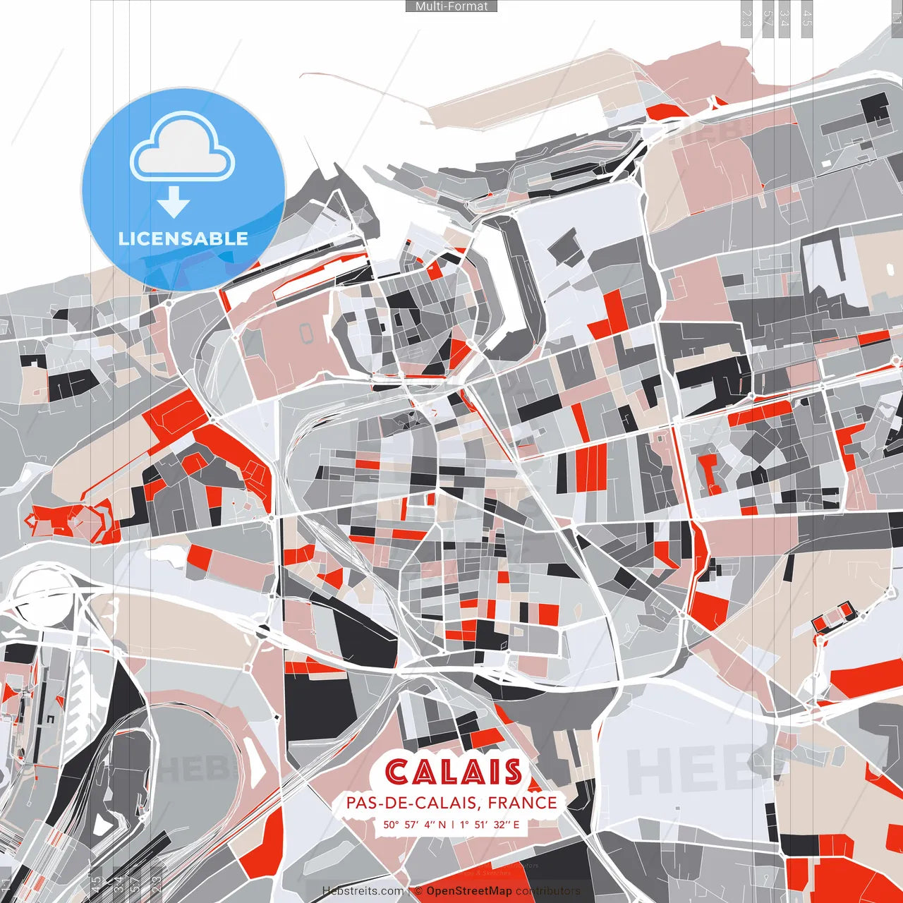 Calais, Pas-de-Calais, France - modern street map poster template with gray and red tones