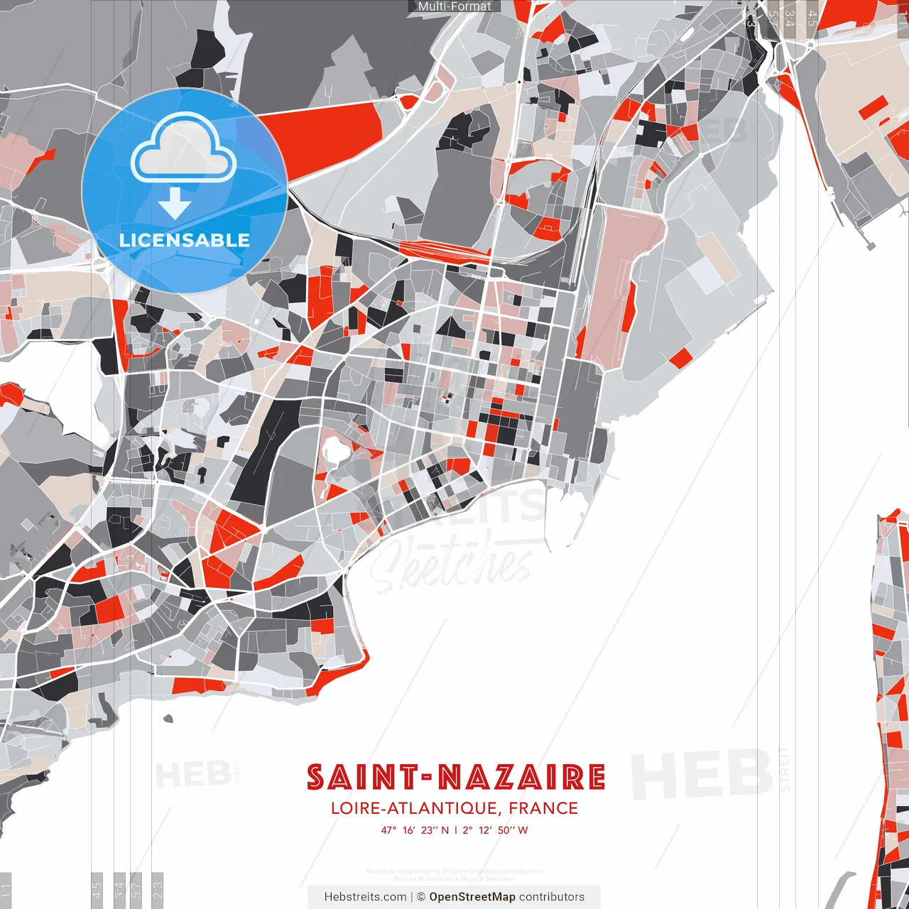 Saint-Nazaire, Loire-Atlantique, France - modern street map poster template with gray and red tones