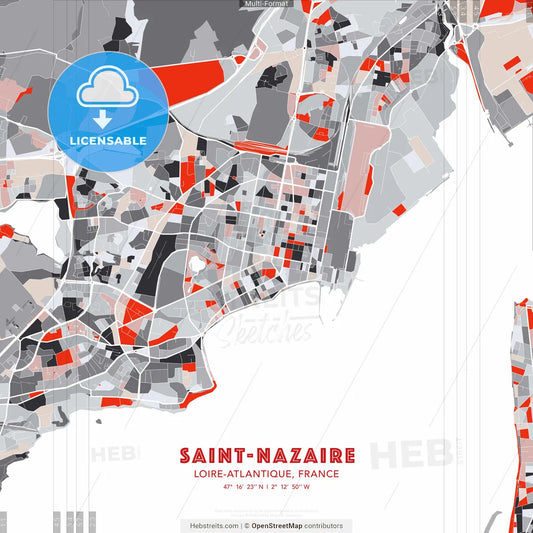 Saint-Nazaire, Loire-Atlantique, France - modern street map poster template with gray and red tones