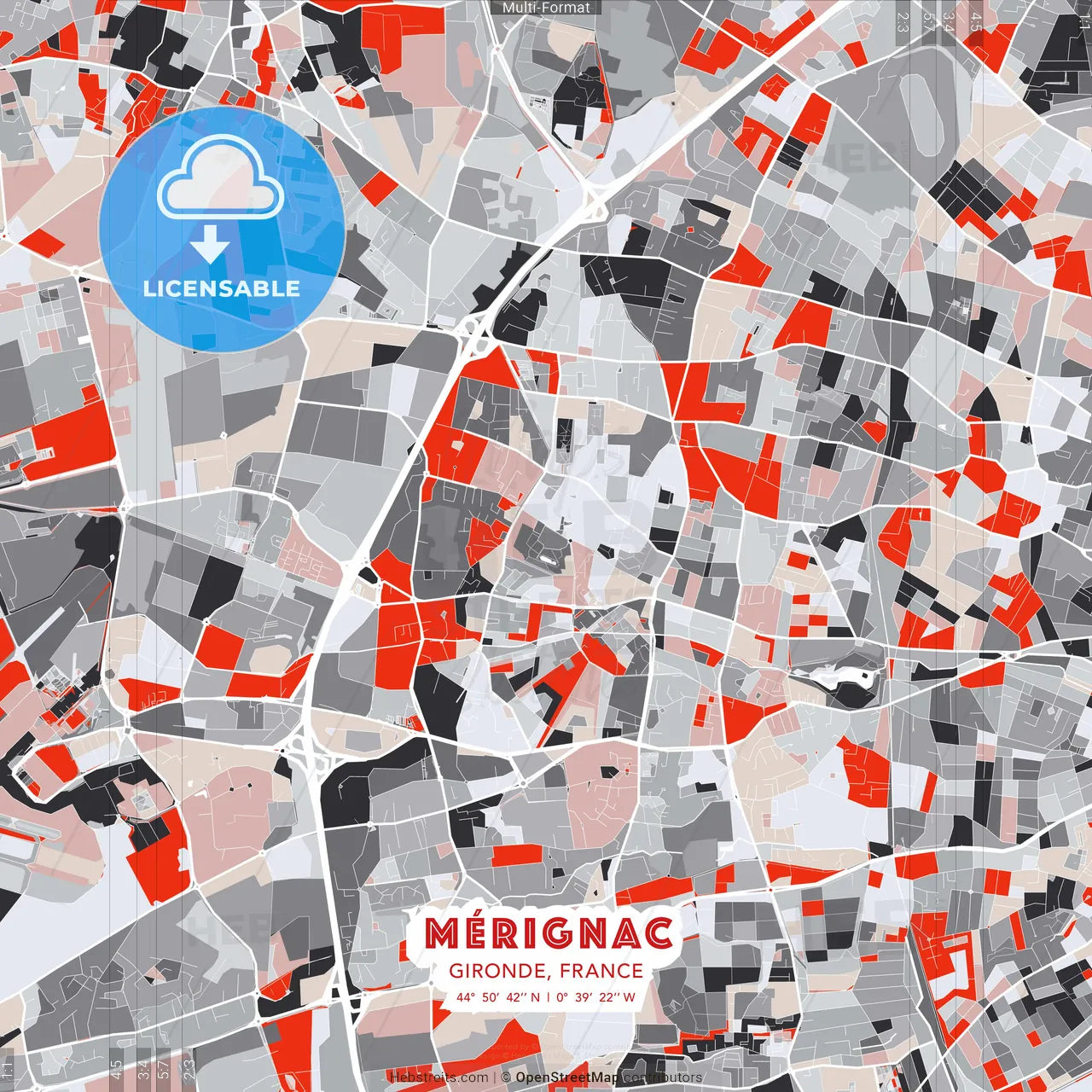 Mérignac, Gironde, France - modern street map poster template with gray and red tones