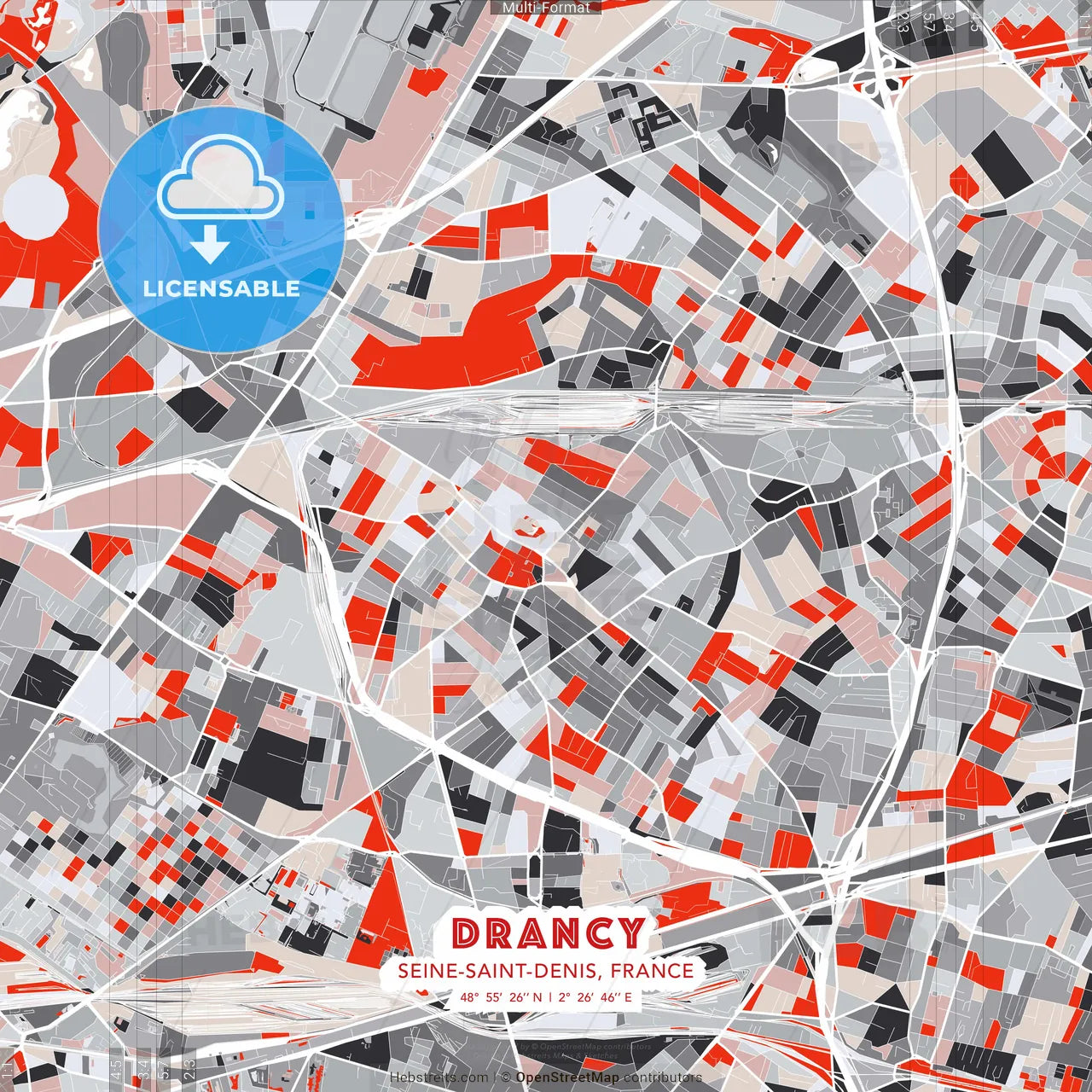 Drancy, Seine-Saint-Denis, France - modern street map poster template with gray and red tones