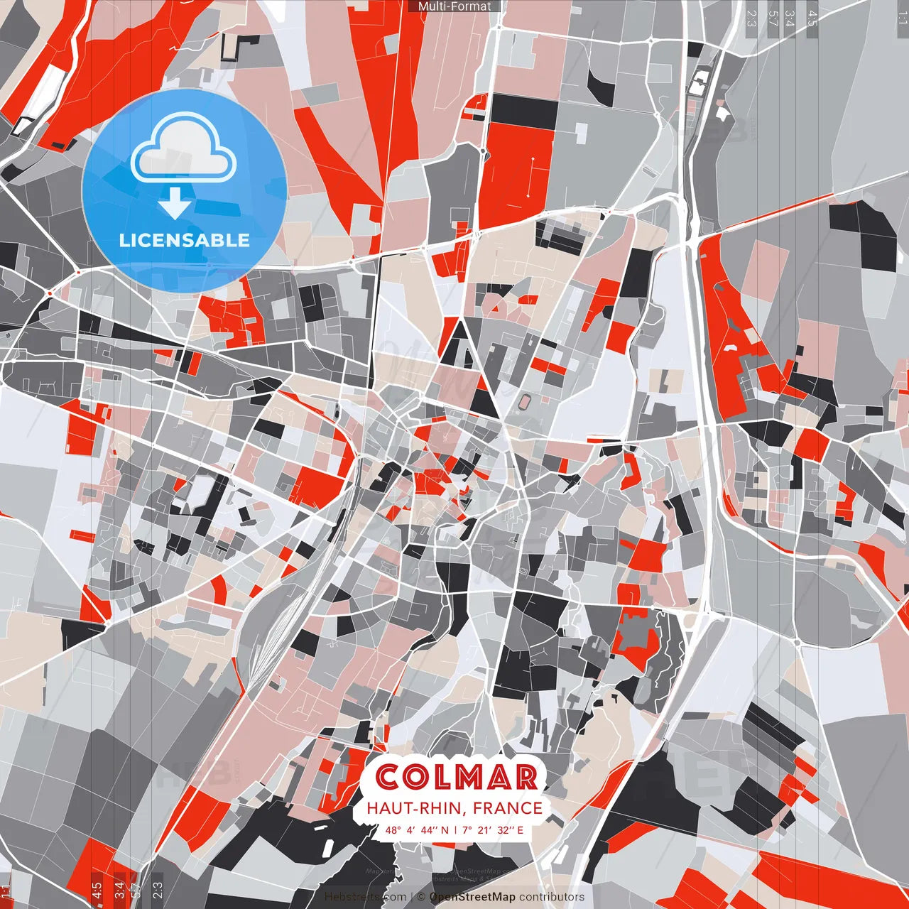 Colmar, Haut-Rhin, France - modern street map poster template with gray and red tones
