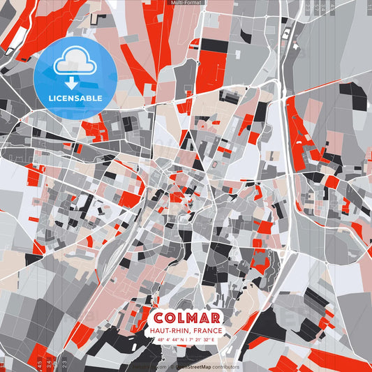 Colmar, Haut-Rhin, France - modern street map poster template with gray and red tones