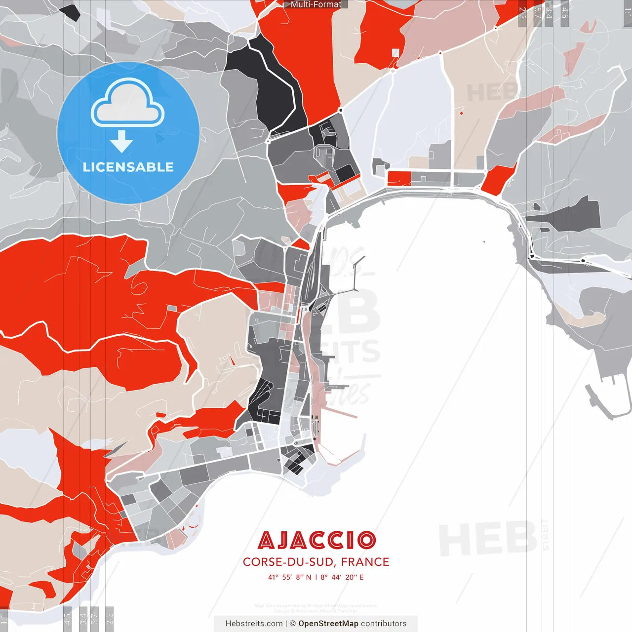 Ajaccio, Corse-du-Sud, France - modern street map poster template with gray and red tones