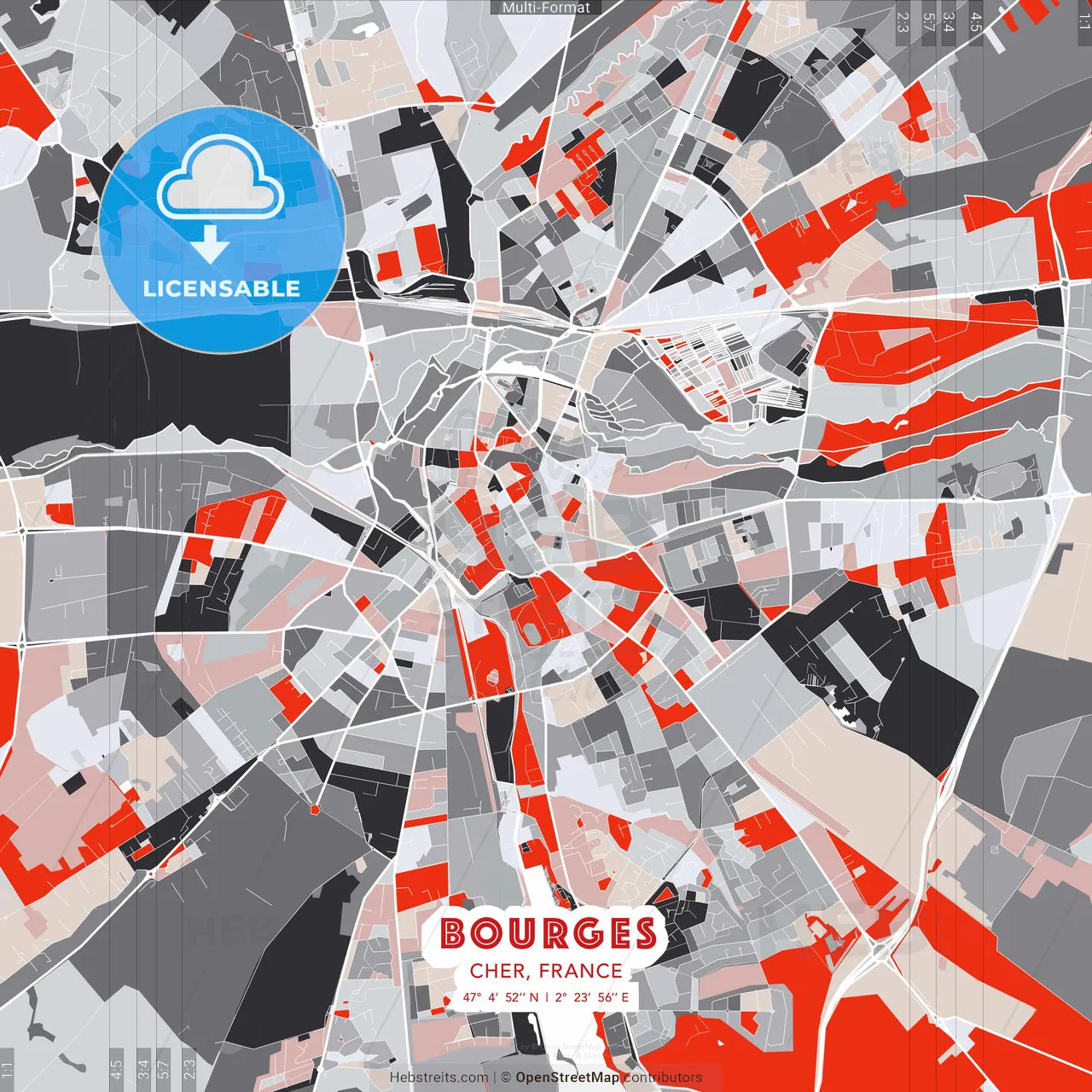 Bourges, Cher, France - modern street map poster template with gray and red tones