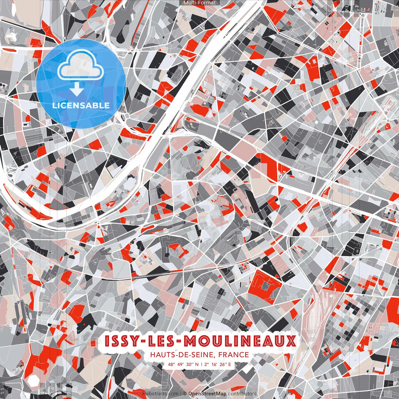 Issy-les-Moulineaux, Hauts-de-Seine, France - modern street map poster template with gray and red tones