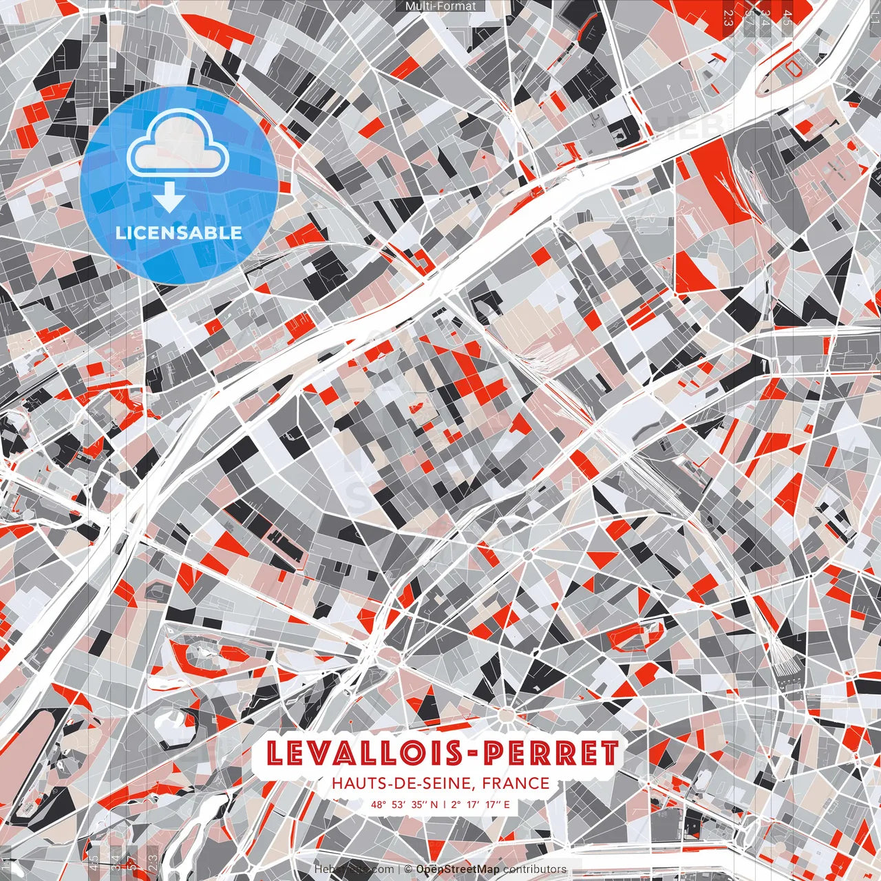 Levallois-Perret, Hauts-de-Seine, France - modern street map poster template with gray and red tones